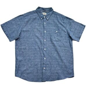 Mens Weatherproof Vintage Washable Linen Button-Up Short Sleeve Shirt Blue Plaid
